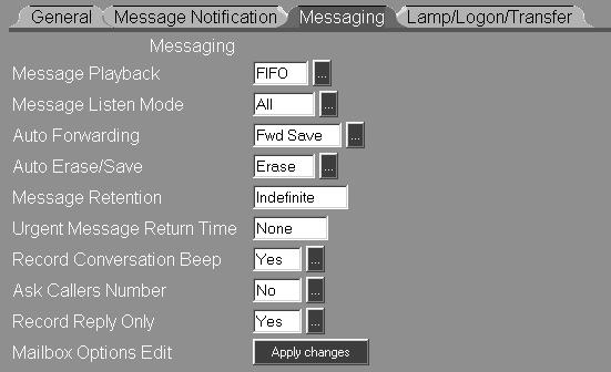 Mailboxes Guest Mailbox 5) Click the Messaging tab on the Mailbox Options window: 6) Enter the desired settings in each data field for the following Messaging options: Message Playback - This option