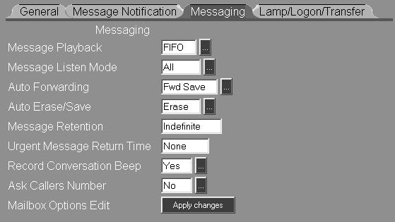 Mailboxes Message Center Mailbox 5) Click the Messaging tab on the Mailbox Options window: 6) Enter the desired settings in each data field for the following Messaging options: Message Playback -