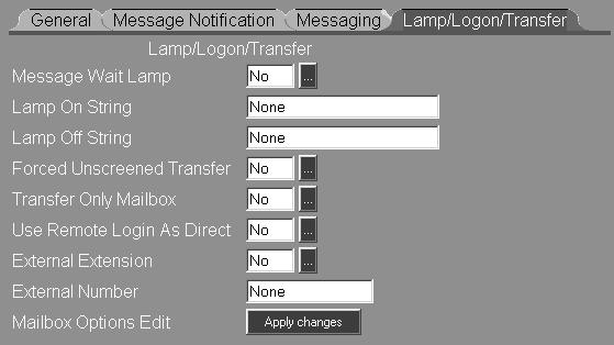 Mailboxes Message Center Mailbox 7) Click the Lamp/Logon/Transfer tab on the Mailbox Options window: 8) Enter the desired settings in each data field for the following Lamp/Logon/ Transfer options: