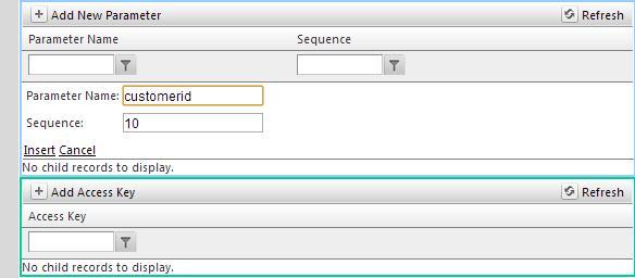 Enter in the parameter name and hit the Insert link. The parameter names in your SQL statement must match the parameter names defined in the section displayed below.