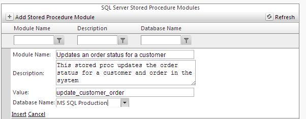 To create a new stored procedure Module, select the + next to the Add Stored Procedure Module label. Enter in a name and description that works well for you.