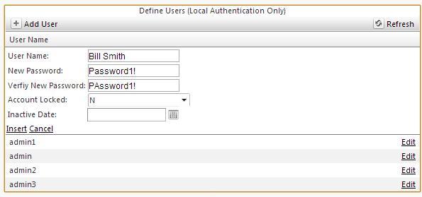 Enter in your new username and password: Select the Insert link to create the user.