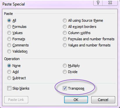 Pasting to Transpose Data 1. Select the header row of your spreadsheet. 2. Right-click to bring up the context sensitive menu or use the menu bar or icons and choose Copy. 3.
