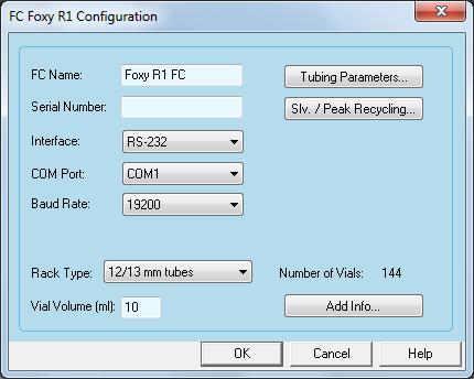 168 OpenLAB Preparative Option Fig. 226 Fraction collector Foxy R1 configuration window Fraction Collector Configuration Interface FC NAME: Enter a descriptive name for the collector.