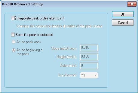 109 Detector K 2600 Advanced setup window Advanced Settings SCAN IF A PEAK IS DETECTED: At any detected peak the software will perform a scan automatically if this option is activated.