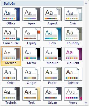 Microsoft Office Themes 4 The Built-In box displays. Now run your cursor over each box in turn and watch your spreadsheet.