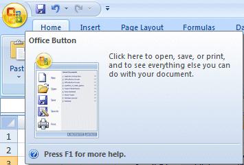 Microsoft Office Button The Microsoft Office Button has replaced File in the Menu Bar. In the upper left corner of your Excel 2007 screen you will see a button similar to the image on the right.