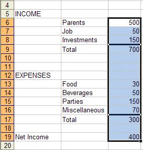 Now move to cell C17 and add the total Expenses in cells C13 to C16 - using each of the four methods.
