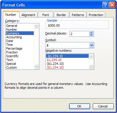 Click-on the Number Tab at the top of the Format Cells menu screen. Point to Currency and click-on Currency. Notice several things. The right side shows the number of decimal places.