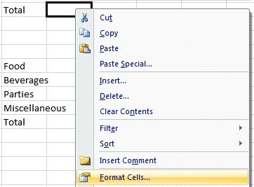 A sub-menu with a caption Format Cells appears. The RIGHT click will always bring up a menu that is tailored to the place where you click. This will work in any Microsoft Windows product.
