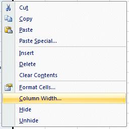 Notice that a menu with Column Width appears. Click-on Column Width A new Column Width menu appears. Type in 15 and click-on OK.