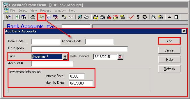 4. Enter the information for the new investment account. Descriptions for each data field are shown below.