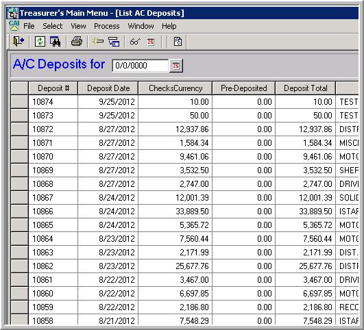 CHAPTER TWO WORKING WITH AUDITOR S CERTIFICATES LISTING AND DISPLAYING A/C DEPOSITS To display a list of Auditor s Certificates (A/C) Deposits, click on the A/C Deposits toolbar button.