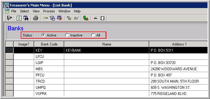 CHAPTER SIX WORKING WITH BANKS LISTING AND DISPLAYING BANKS To display a list of banks, click the Bank Management button or select the Bank Management option from the Select menu on the Treasurer s
