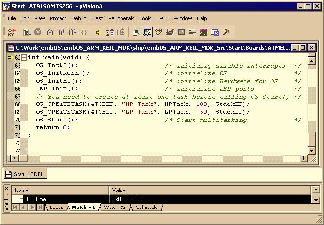 1.4 Stepping through the sample application When starting the debugger, you will usually see the main function (very similar to the screenshot below).