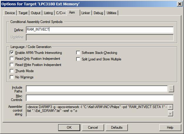 phycore-lpc3180 QuickStart Instructions 6.3.4 Configure the C/C++ Options In the C/C++ tab, leave the default settings. The C/C++ tab should appear as follows: 6.3.5 Configure the Asm Options Change to the Asm tab.