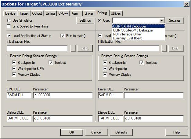 phycore-lpc3180 QuickStart Instructions 6.3.7 Configure the Debug Options In the Debug tab, check the Use: ULINK ARM Debugger option.