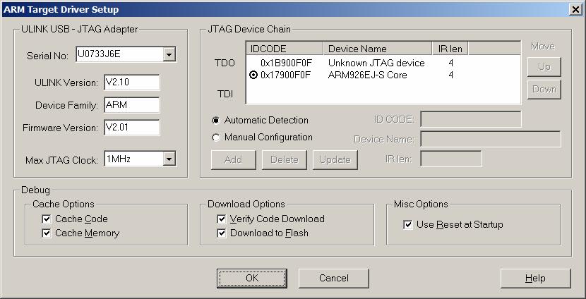 The ARM Target Driver Setup settings should be as follows with all Debug options checked (Cache Options, Download Options and Misc Option): Click OK to return to the Options for Target window.
