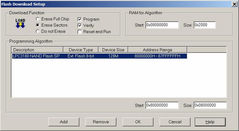 In the RAM for Algorithm fields, set the Start address to 0x08000000 and address Size to 0x2000 as shown below.
