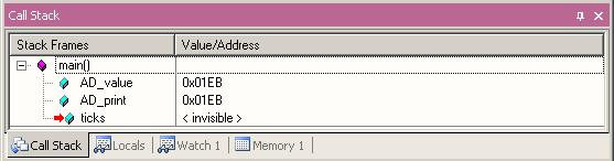 Debug Windows Callstack The Call Stack view shares its tab with the Variable and Memory window It shows the current