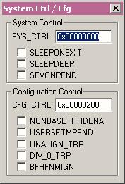 Core Peripherals System Control Register (0xE000ED10) Dialog window for setting bits for: SEVONPEND SLEEPDEEP SLEEPONEXIT Configuration