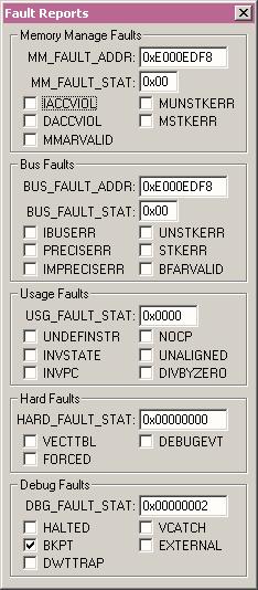 Core Peripherals Fault Reports Dialog window for setting/watching: Memory
