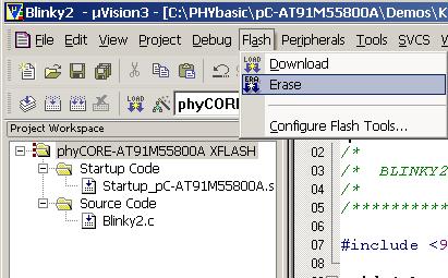 phycore-at91m55800a QuickStart Instructions 3.5 Downloading Code into Flash Memory In the Select Target pull down menu be sure that the phycore-at91m55800a XFLASH target is selected.