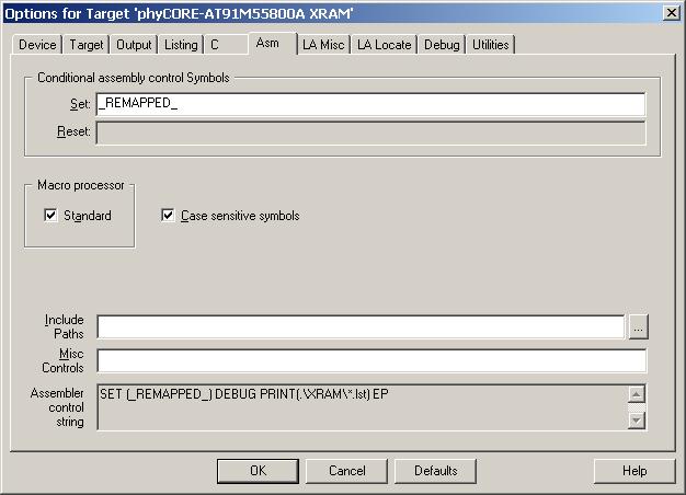 phycore-at91m55800a QuickStart Instructions Configure the Asm Options Change to the Asm tab.