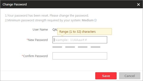 Change Password for Reset User and Login If the normal user's password is reset to the initial password by admin user, when login, he/she should change the initial password and set a new password.