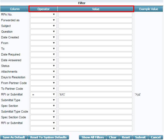 1 Filtering Select the RFAs button in the navigation bar on the left side of the screen to pull up a list of all RFAs (See Section 3.2.1 for reference).