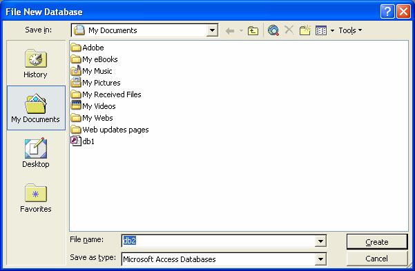PAGE 11 - ECDL MODULE 5 (USING MICROSOFT ACCESS XP) - MANUAL Enter a name for your new database into the File name box and click on the Create button. 5.1.2.4 Save a database to a location on a drive.