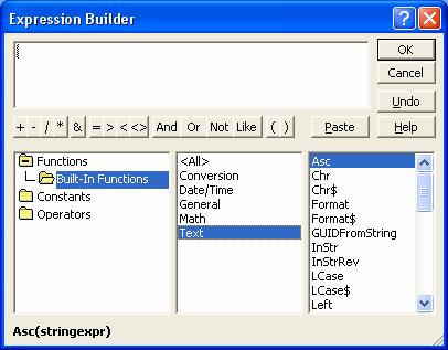 PAGE 38 - ECDL MODULE 5 (USING MICROSOFT ACCESS XP) - MANUAL Clicking on the Built-In Functions icon will