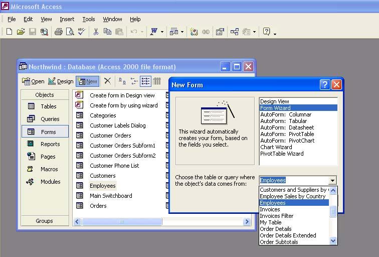 To create a form using Form Wizard In the Database window select Forms from the Objects list.