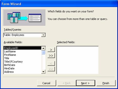 PAGE 47 - ECDL MODULE 5 (USING MICROSOFT ACCESS XP) - MANUAL Click on the OK button to display the next page of the Form Wizard.