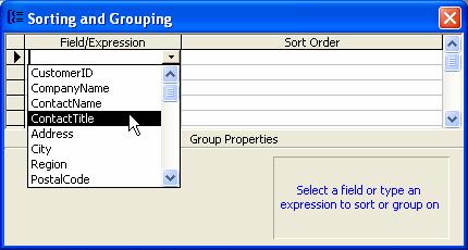 Click within the Field/Expression column and select the field you want to apply grouping to from the menu. By default the field will be sorted into ascending order.