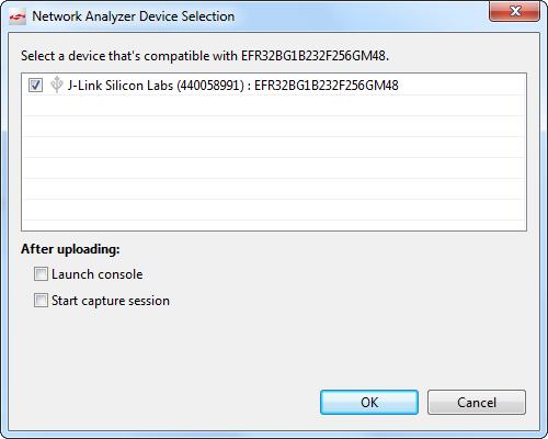 Select the device and click OK on the popup window. Uncheck Launch console and start capture session for now. 3. A new Network Analyzer perspective appears.