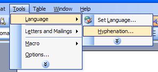 To see how hyphenation has been set on your PC, click on the Tools drop down menu and select the Language command.