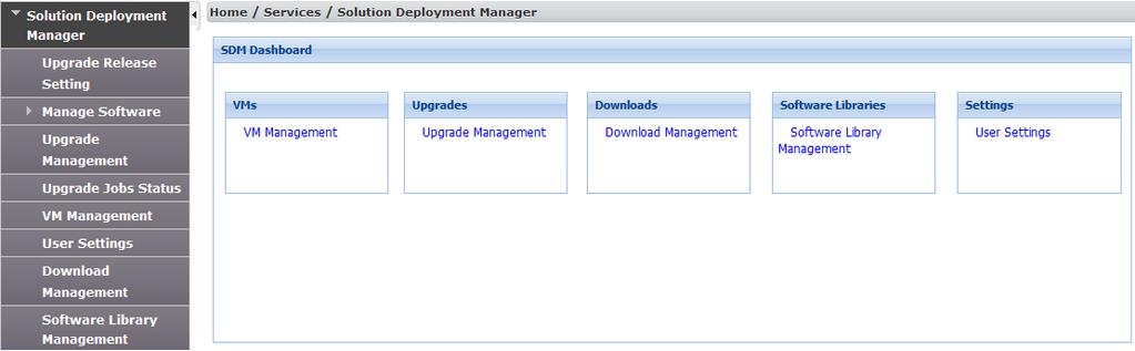 Solution Deployment Manager Solution Deployment Manager capabilities With Solution Deployment Manager, you can perform deployment and upgrade-related tasks by using the following links: Upgrade