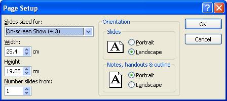 Click on the down arrow in the 'Slides sized for' section of the dialog box.