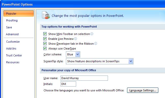 ECDL Module Six - Page 162 Customising and Compatibility Issues Modifying PowerPoint options Click on the Office button in the top-left of the PowerPoint window to display a menu.