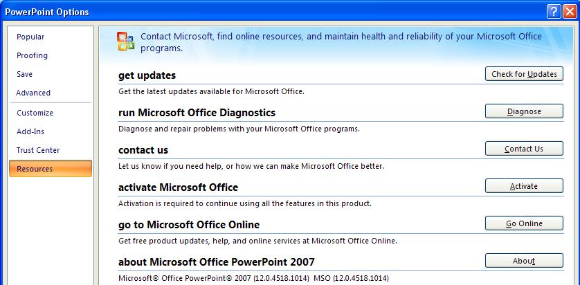 Resources Options: This tab gives you links to various parts of the Microsoft Office web site for obtaining software updates & reporting problems.