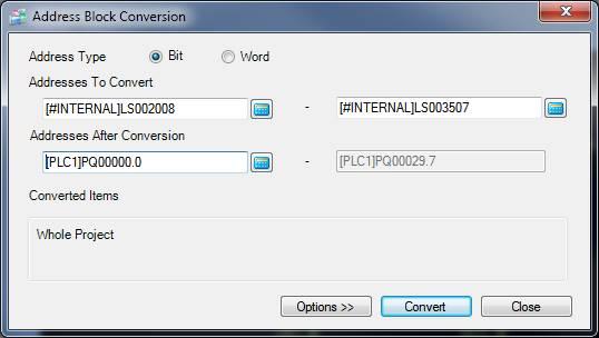 4. Click [Convert] 5. Verify Address Type selection is Bit. 6. For Address to Convert Click on the button to the right of the entry field. a. For Device/PLC select #INTERNAL.