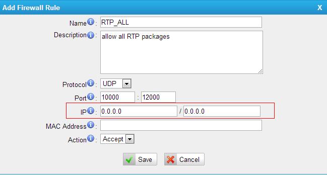 We can allow the RTP range for the whole IP addresss like this: Name: RTP_ALL