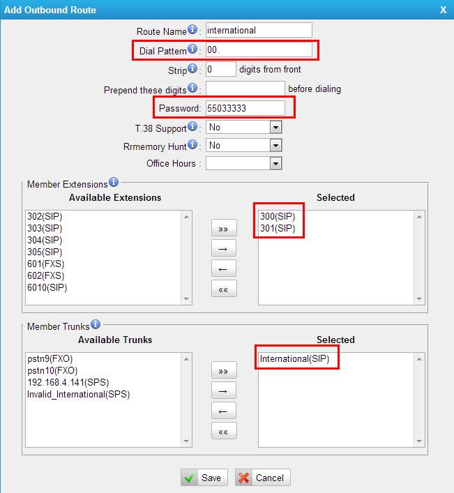 Figure 4-1 Save and apply the changes, when 300 and 301 pick up headsets and dial a international number, MyPBX will ask