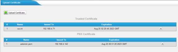 Figure I-29 Click Save to upload, then click Apply Changes. Figure I-30 The certificates in MyPBX side are well uploaded.