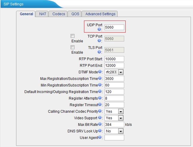 1.2.1 Change the default SIP Port PBX Basic settings SIP Settings General UDP Port Figure 1-3 We recommend