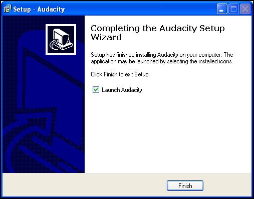 19. This is the final screen for the Audacity installer. If you enable the Launch Audacity checkbox and then click Finish Audacity will launch.
