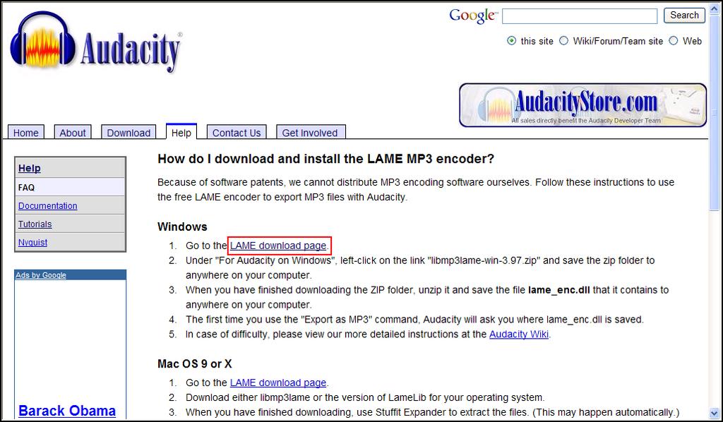 6. Click the LAME download page link. 7. Click the libmp3lame-win-3.97.