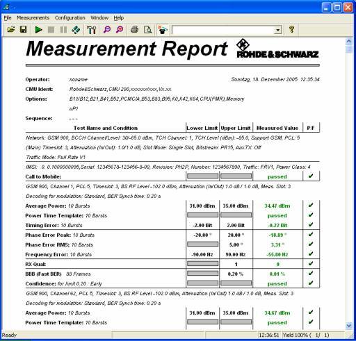 Fig. 12 Measurement Report Window After starting the measurements or loading a stored measurement report CMUgo displays the report in the client area.