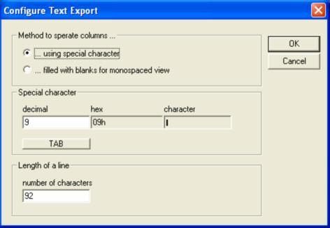 7.1.8 Configure Text Export This command opens the following dialog window: Fig. 21 Text Export Configuration The format of the text export can be changed.